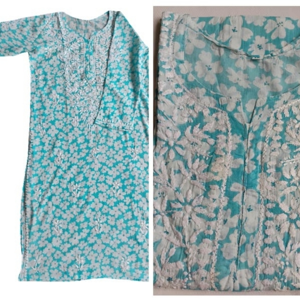 Blue Floral Embroidered Cotton Tunic Dress